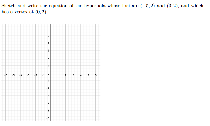 Sketch and write the equation of the hyperbola whose foci are (-5, 2) and (3, 2), and which
has a vertex at (0, 2).
3
-6
-5
-4
-3
-2
-1 0
2
3
-1
-2
-3
-4
-5
-6
