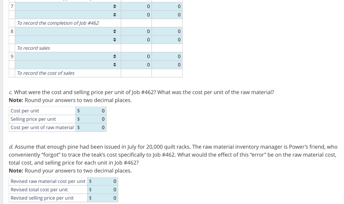 7
0
0
0
0
To record the completion of Job #462
8
0
0
0
0
9
To record sales
To record the cost of sales
"
0
0
0
0
c. What were the cost and selling price per unit of Job #462? What was the cost per unit of the raw material?
Note: Round your answers to two decimal places.
Cost per unit
$
0
Selling price per unit
$
Cost per unit of raw material $
0
0
d. Assume that enough pine had been issued in July for 20,000 quilt racks. The raw material inventory manager is Power's friend, who
conveniently "forgot" to trace the teak's cost specifically to Job #462. What would the effect of this "error" be on the raw material cost,
total cost, and selling price for each unit in Job #462?
Note: Round your answers to two decimal places.
Revised raw material cost per unit $
0
Revised total cost per unit
$
0
Revised selling price per unit
$
0