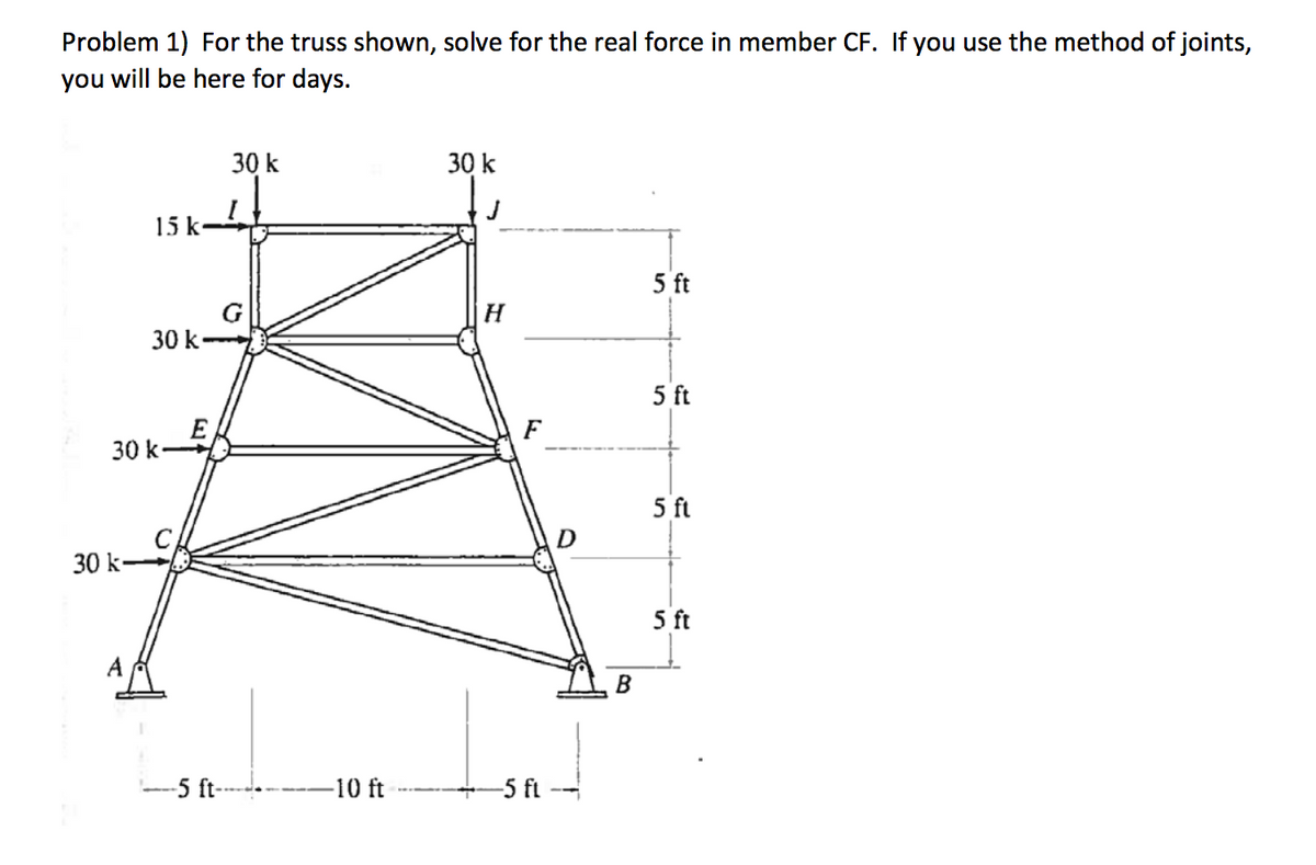 Problem 1) For the truss shown, solve for the real force in member CF. If you use the method of joints,
you will be here for days.
30 k
30 k
15 k
5 ft
G
30 k
5 ft
E
30 k
F
5 ft
30 k
5 ft
A
В
-5 ft-------▬10 ft
-5 ft
