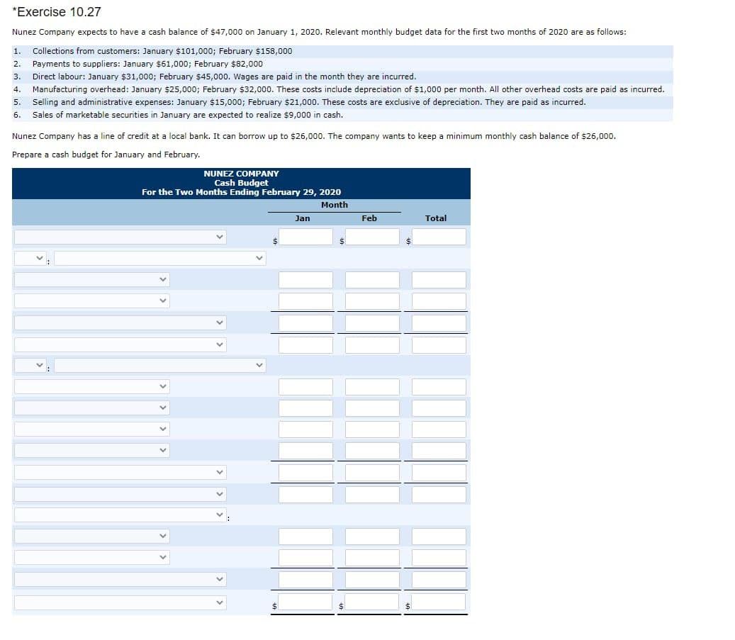 *Exercise 10.27
Nunez Company expects to have a cash balance of $47,000 on January 1, 2020. Relevant monthly budget data for the first two months of 2020 are as follows:
1. Collections from customers: January $101,000; February $158,000
2. Payments to suppliers: January $61,000; February $82,000
3. Direct labour: January $31,000; February $45,000. Wages are paid in the month they are incurred.
4. Manufacturing overhead: January $25,000; February $32,000. These costs include depreciation of $1,000 per month. All other overhead costs are paid as incurred.
5. Selling and administrative expenses: January $15,000; February $21,000. These costs are exclusive of depreciation. They are paid as incurred.
6. Sales of marketable securities in January are expected to realize $9,000 in cash.
Nunez Company has a line of credit at a local bank. It can borrow up to $26,000. The company wants to keep a minimum monthly cash balance of $26,000.
Prepare a cash budget for January and February.
NUNEZ COMPANY
Cash Budget
For the Two Months Ending February 29, 2020
Month
$
Jan
$
Feb
Total