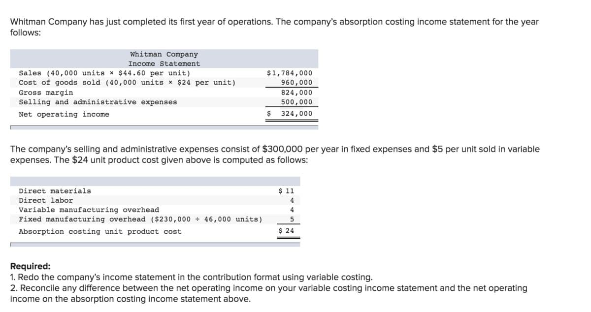 Whitman Company has just completed its first year of operations. The company's absorption costing income statement for the year
follows:
Whitman Company
Income Statement
Sales (40,000 units x $44.60 per unit)
Cost of goods sold (40,000 units x $24 per unit)
Gross margin
Selling and administrative expenses
Net operating income.
Direct materials
Direct labor
$1,784,000
960,000
824,000
500,000
324,000
The company's selling and administrative expenses consist of $300,000 per year in fixed expenses and $5 per unit sold in variable
expenses. The $24 unit product cost given above is computed as follows:
Variable manufacturing overhead
Fixed manufacturing overhead ($230,000+ 46,000 units)
Absorption costing unit product cost
$
$ 11
4
4
5
$ 24
Required:
1. Redo the company's income statement in the contribution format using variable costing.
2. Reconcile any difference between the net operating income on your variable costing income statement and the net operating
income on the absorption costing income statement above.