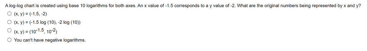 A log-log chart is created using base 10 logarithms for both axes. An x value of -1.5 corresponds to a y value of -2. What are the original numbers being represented by x and y?
(x, y) = (-1.5, -2)
(x, y) = (-1.5 log (10), -2 log (10))
(x, y) = (10-1.5, 10-2)
You can't have negative logarithms.