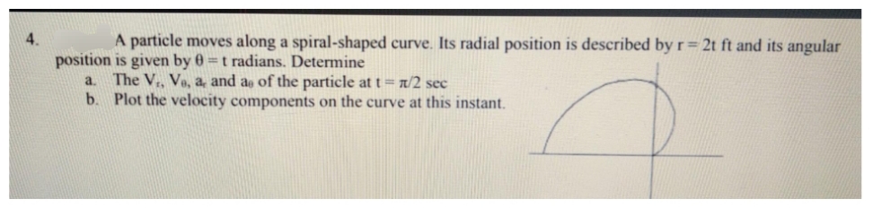 4.
A particle moves along a spiral-shaped curve. Its radial position is described by r = 2t ft and its angular
position is given by 0 = t radians. Determine
a. The V₁, Va, a, and as of the particle at t = n/2 sec
b. Plot the velocity components on the curve at this instant.