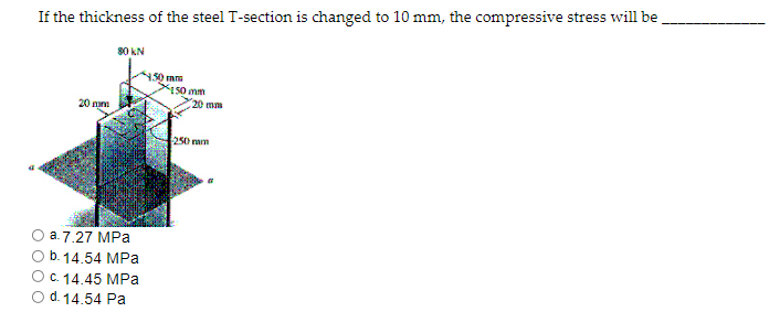 If the thickness of the steel T-section is changed to 10 mm, the compressive stress will be,
80 kN
150 m
150 mm
20 n
20 mm
250 nam
a. 7.27 MPa
O b. 14.54 MPa
Ос 14.45 МPа
Od. 14.54 Pa
