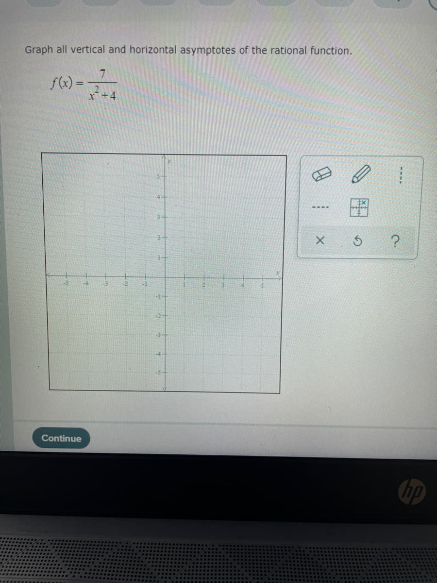 Graph all vertical and horizontal asymptotes of the rational function.
f(x) =
x+4
%3D
----
-1
+2+
+3-
Continue
----
