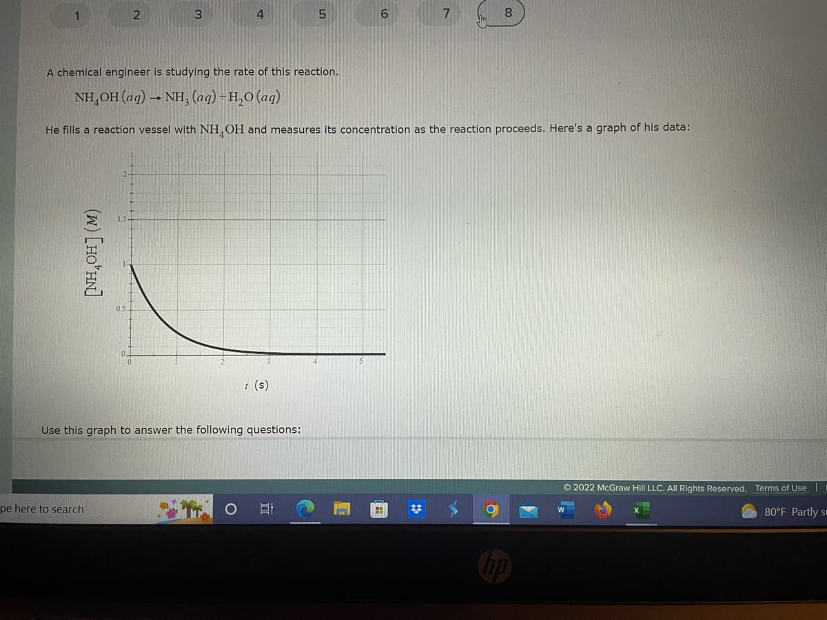 **Chemical Reaction Rate Study**

A chemical engineer is studying the rate of the following reaction:

\[ \text{NH}_4\text{OH (aq)} \rightarrow \text{NH}_3\text{ (aq)} + \text{H}_2\text{O (aq)} \]

The engineer fills a reaction vessel with \(\text{NH}_4\text{OH}\) and measures its concentration as the reaction proceeds. Below is a graph of the data collected during the experiment:

### Graph Description
- **Title:** Concentration of \(\text{NH}_4\text{OH}\) over Time
- **X-axis (Horizontal):** Time (\( t \)) in seconds (s)
- **Y-axis (Vertical):** Concentration of \(\text{NH}_4\text{OH}\) in molarity (M)

### Detailed Explanation of the Graph
- **Initial Concentration:** At \( t = 0 \) s, the concentration of \(\text{NH}_4\text{OH}\) is approximately 1.5 M.
- **Decay Over Time:** As time progresses, the concentration of \(\text{NH}_4\text{OH}\) decreases. The curve shows a rapid decline initially.
- **Approaching Zero:** By \( t = 5 \) s, the concentration of \(\text{NH}_4\text{OH}\) approaches nearly 0 M, indicating that most of the \(\text{NH}_4\text{OH}\) has reacted.

Use this graph to answer the following questions:

---
**Note:** This educational content is a study resource for understanding the rate of chemical reactions using data visualization techniques.