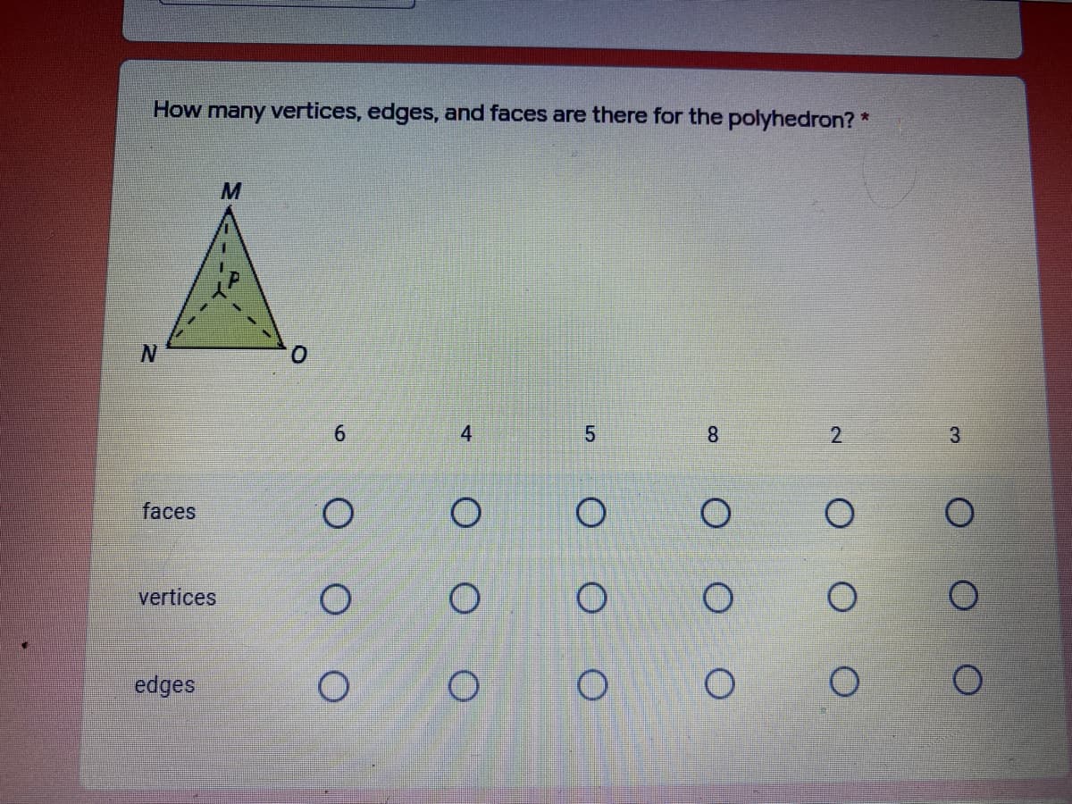 How many vertices, edges, and faces are there for the polyhedron? *
N.
8.
faces
vertices
edges
2.
4,
6
