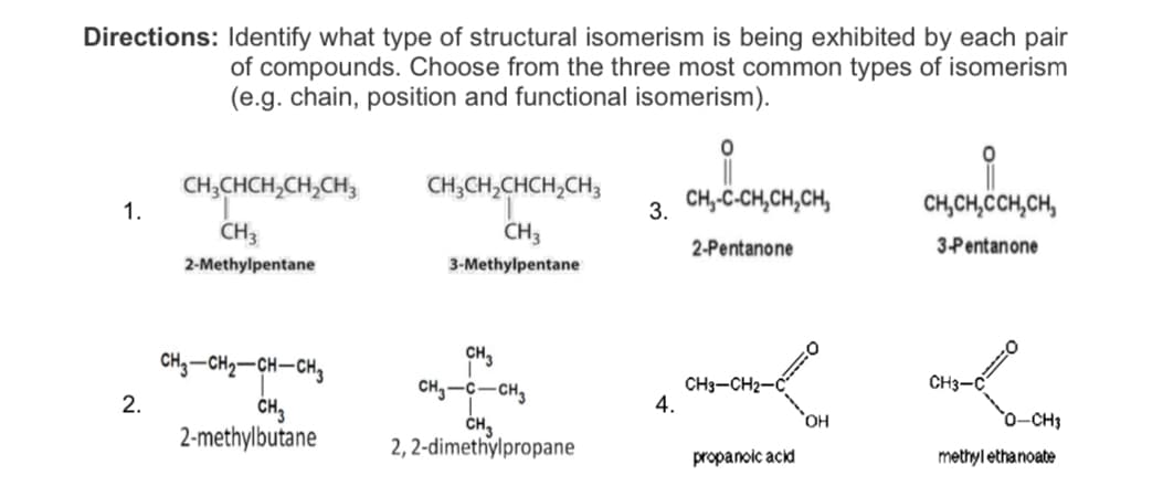 Directions: Identify what type of structural isomerism is being exhibited by each pair
of compounds. Choose from the three most common types of isomerism
(e.g. chain, position and functional isomerism).
CH;CHCH,CH,CH,
1.
CH,CH,CHCH,CH;
3. CH,-C-CH,CH,CH,
CH,CH,CCH,CH,
CH3
CH3
2-Pentanone
3-Pentanone
2-Methylpentane
3-Methylpentane
CH, -CH2-CH-CH,
CH,
CH,-C-CH,
CH3-C
2.
CH3-CH2-0
4.
CH3
2-methylbutane
HO,
`0-CH3
CH3
2, 2-dimethylpropane
propanoic acid
methyl ethanoate
