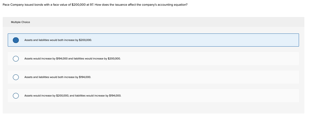 Pace Company issued bonds with a face value of $200,000 at 97. How does the issuance affect the company's accounting equation?
Multiple Choice
Assets and liabilities would both increase by $200,000.
Assets would increase by $194,000 and liabilities would increase by $200,000.
Assets and liabilities would both increase by $194,000.
Assets would increase by $200,000, and liabilities would increase by $194,000.