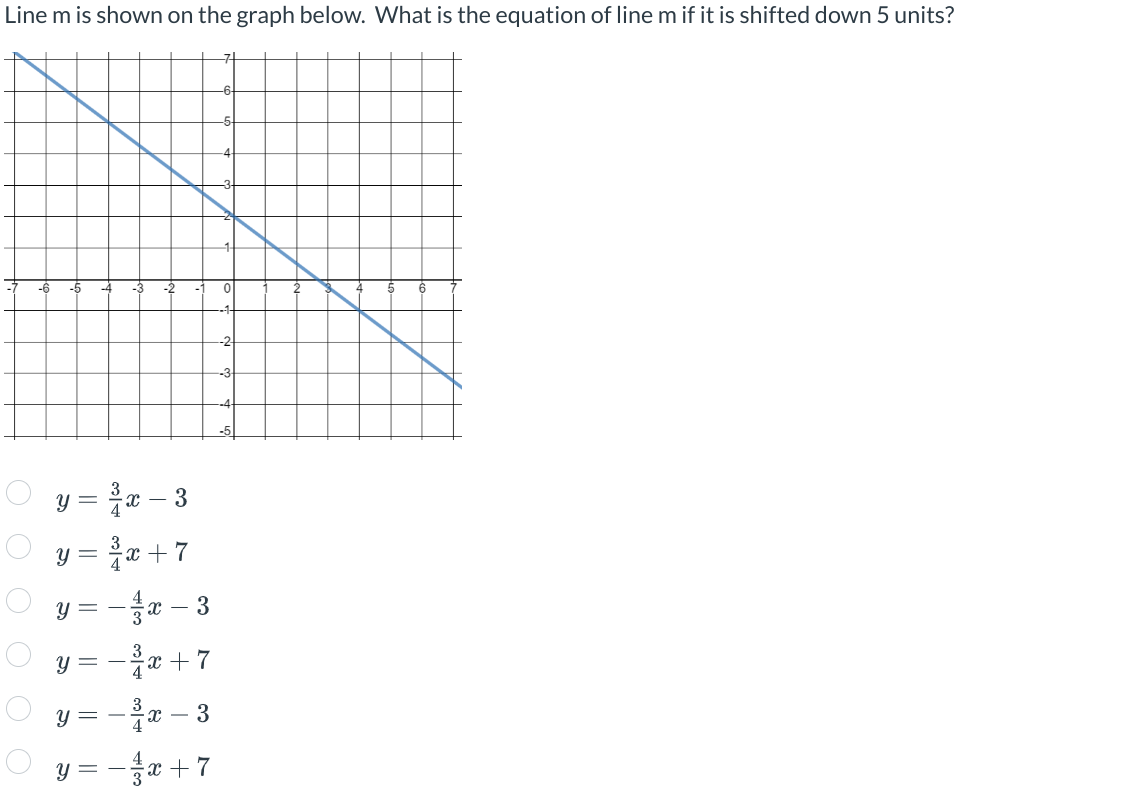 Line m is shown on the graph below. What is the equation of line m if it is shifted down 5 units?
O
оо
ооо
-6
-5
y = ²³²x-3
y = ²³x+7
y =
-x-3
Y -³x+7
=
y=-³x - 3
y = −/x+7
0