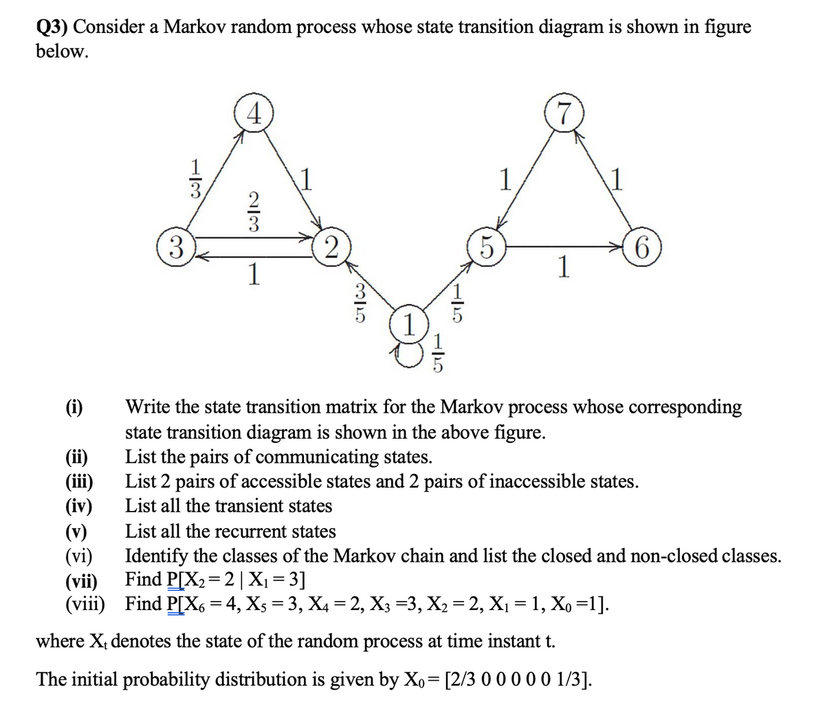 Q3) Consider a Markov random process whose state transition diagram is shown in figure
below.
4
7
1
3.
1
1
3
1
1
1
Write the state transition matrix for the Markov process whose corresponding
state transition diagram is shown in the above figure.
List the pairs of communicating states.
List 2 pairs of accessible states and 2 pairs of inaccessible states.
List all the transient states
(i)
(ii)
(iii)
(iv)
(v)
(vi)
Find P[X2=2|X1 = 3]
List all the recurrent states
Identify the classes of the Markov chain and list the closed and non-closed classes.
(vii)
(viii) Find P[X, = 4, Xs = 3, X4 = 2, X3 =3, X2 = 2, X1 = 1, Xo =1].
where X, denotes the state of the random process at time instant t.
The initial probability distribution is given by Xo= [2/3 0 0 0 0 0 1/3].
