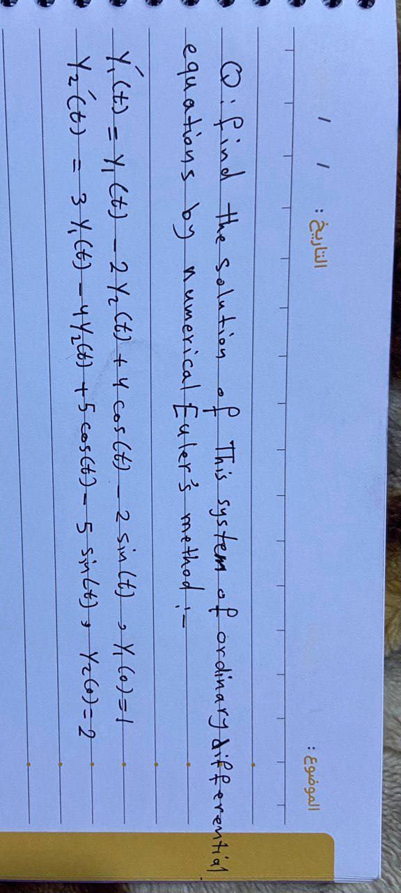 التاريخ : / /
الموضوع :
Q:find the solution of This system of ordinary differential.
• equations by numerical Euler's method :-
•
2
Y₁ (t) = y₁ (t) - 2 Y₂ (t) + 4 cos (t)
= y₁ (t) - 2 Y₂ (t) + 4 cos (t) - 2 sin (t) Y₁₂ (o)=+
Y₂ (t) = 3 Y₁ (t) - Y Y/₂Ct) + 5 cos(t) - 5 Sialt), Y₂6)=2