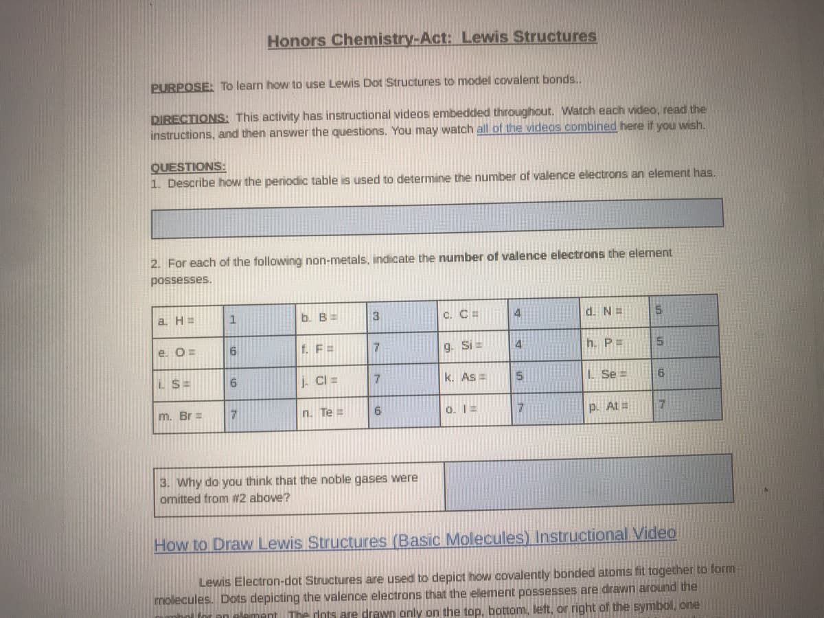 Honors Chemistry-Act: Lewis Structures
PURPOSE: To learn how to use Lewis Dot Structures to model covalent bonds.
DIRECTIONS: This activity has instructional videos embedded throughout. Watch each video, read the
instructions, and then answer the questions. You may watch all of the videos combined here if you wish.
QUESTIONS:
1. Describe how the periodic table is used to determine the number of valence electrons an element has.
2. For each of the following non-metals, indicate the number of valence electrons the element
possesses.
a H=
b. B=
3
c. C =
d. N =
e. O=
t. F =
g. Si=
4
h. P=
LS=
9.
. CI =
k. As =
I Se =
m. Br =
n. Te =
O. I =
p. At=
7.
3. Why do you think that the noble gases were
omitted from #2 above?
How to Draw Lewis Structures (Basic Molecules) Instructional Video
Lewis Electron-dot Structures are used to depict how covalently bonded atoms fit together to form
molecules. Dots depicting the valence electrons that the element possesses are drawn around the
mhol for an cament The dots are drawn only on the top, bottom, left, or right of the symbol, one
