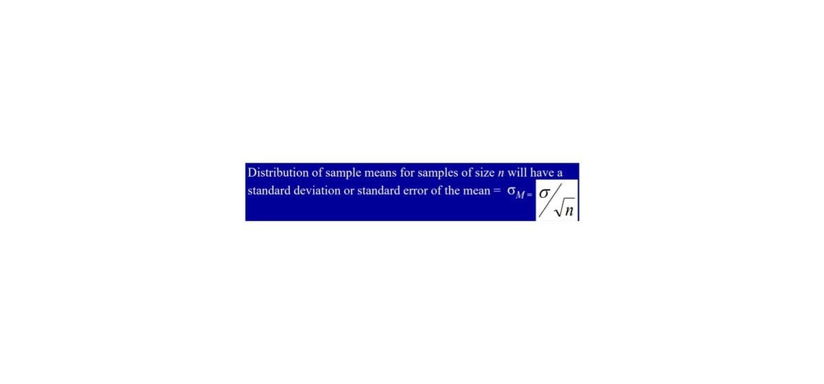 Distribution of sample means for samples of size n will have a
standard deviation or standard error of the mean
OM= 0
