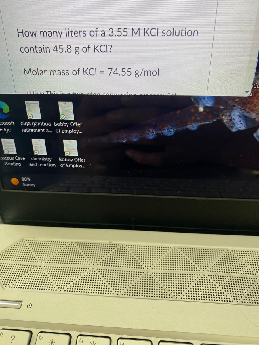 How many liters of a 3.55 M KCl solution
contain 45.8 g of KCI?
Molar mass of KCI = 74.55 g/mol
Llist. This is a tw
crosoft olga gamboa Bobby Offer
Edge retirement a... of Employ...
f1 ?
Lascaux Cave chemistry Bobby Offer
Painting and reaction of Employ...
86°F
Sunny
f2
f3
V
f₁
tic