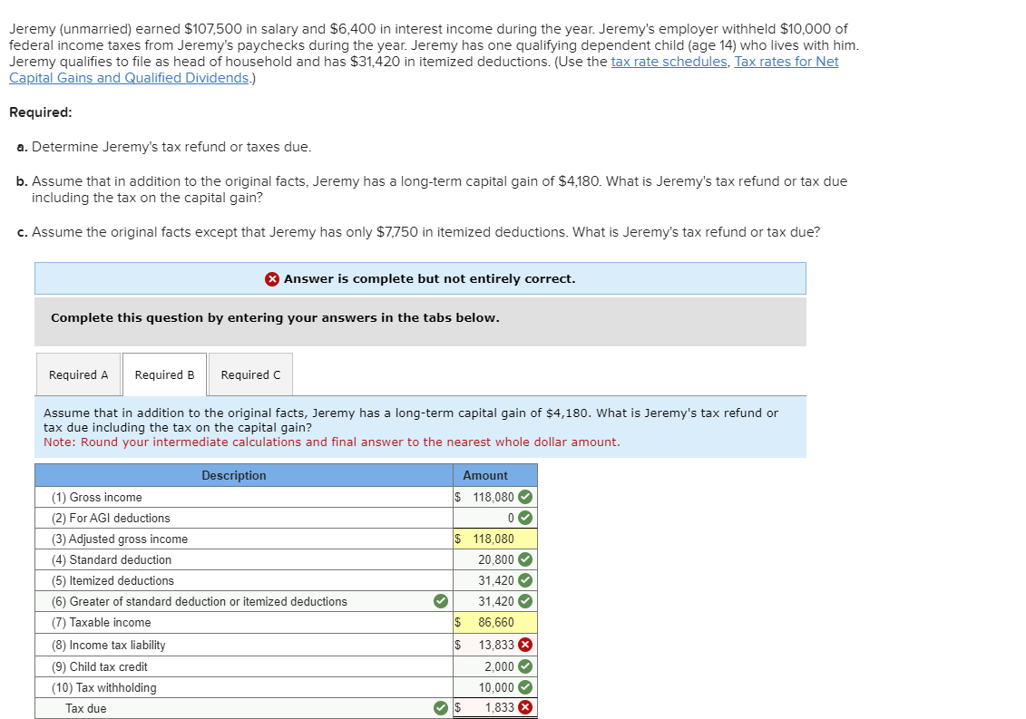 Jeremy (unmarried) earned $107,500 in salary and $6,400 in interest income during the year. Jeremy's employer withheld $10,000 of
federal income taxes from Jeremy's paychecks during the year. Jeremy has one qualifying dependent child (age 14) who lives with him.
Jeremy qualifies to file as head of household and has $31,420 in itemized deductions. (Use the tax rate schedules, Tax rates for Net
Capital Gains and Qualified Dividends.)
Required:
a. Determine Jeremy's tax refund or taxes due.
b. Assume that in addition to the original facts, Jeremy has a long-term capital gain of $4,180. What is Jeremy's tax refund or tax due
including the tax on the capital gain?
c. Assume the original facts except that Jeremy has only $7,750 in itemized deductions. What is Jeremy's tax refund or tax due?
Complete this question by entering your answers in the tabs below.
Required A
X Answer is complete but not entirely correct.
Required B Required C
Assume that in addition to the original facts, Jeremy has a long-term capital gain of $4,180. What is Jeremy's tax refund or
tax due including the tax on the capital gain?
Note: Round your intermediate calculations and final answer to the nearest whole dollar amount.
(1) Gross income
(2) For AGI deductions
Description
(3) Adjusted gross income
(4) Standard deduction
(5) Itemized deductions
(6) Greater of standard deduction or itemized deductions
(7) Taxable income
(8) Income tax liability
(9) Child tax credit
(10) Tax withholding
Tax due
S
Amount
$ 118,080
0✓
$ 118,080
20,800✔
31,420 ✔
31,420
$
86,660
$ 13,833 X
$
2,000✔✓
10,000✔
1,833 x