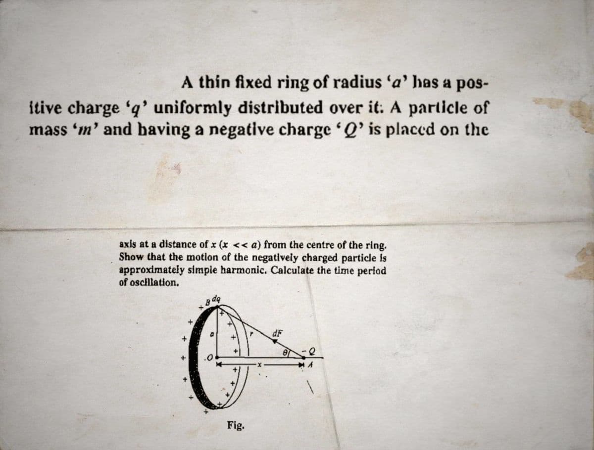 A thin fixed ring of radius 'a' has a pos-
itive charge 'q' uniformly distributed over it: A particle of
mass 'm' and having a negative charge 'Q' is placed on the
axis at a distance of x (x << a) from the centre of the ring.
Show that the motion of the negatively charged particle is
approximately simple harmonic. Calculate the time period
of oscillation.
+
B da
a
.0
+
Fig.
Y
dF
81
MA