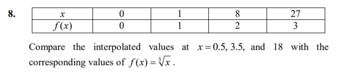 8.
1
8
27
f(x)
1
2
3
Compare the interpolated values at x=0.5, 3.5, and 18 with the
corresponding values of f(x) = {Vx .
