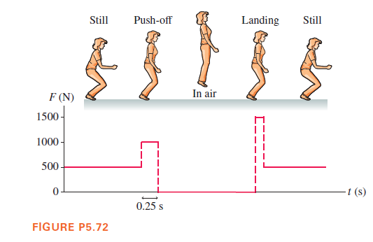 Still
Push-off
Landing
Still
F (N)
In air
1500 -
1000 -
500
t (s)
0.25 s
FIGURE P5.72
