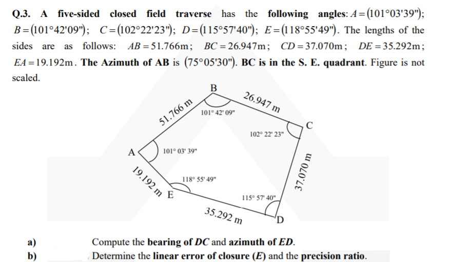 Q.3. A five-sided closed field traverse has the following angles: A=(101°03'39");
B=(101°42'09"); C=(102°22'23"); D=(115°57'40"); E=(118°55'49"). The lengths of the
EA = 19.192m. The Azimuth of AB is (75°05'30"). BC is in the S. E. quadrant. Figure is not
B
sides are as follows: AB = 51.766m; BC= 26.947m; CD= 37.070m; DE = 35.292m;
scaled.
26.947 m
101° 42' 09"
51.766 m
102° 22' 23"
101° 03' 39"
A
19.192 m
118° 55' 49"
E
115° 57' 40"
35.292 m
'D
Compute the bearing of DC and azimuth of ED.
Determine the linear error of closure (E) and the precision ratio.
а)
b)
37.070 m
