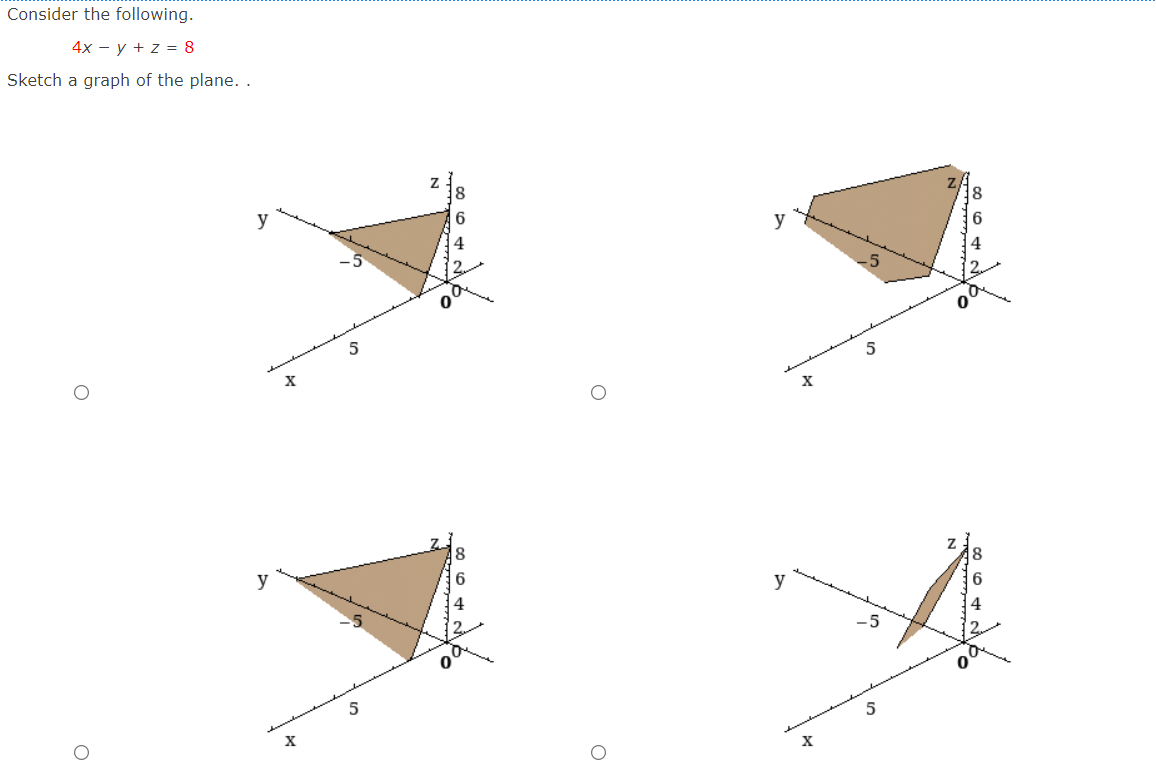 Consider the following.
4х — у + z 3D 8
Sketch a graph of the plane. .
y
6
y
5
8
y
6
y
-5
5
5
