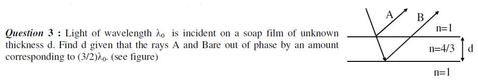 Question 3 Light of wavelength λo is incident on a soap film of unknown
thickness d. Find d given that the rays A and Bare out of phase by an amount
corresponding to (3/2). (see figure)
A
B
n=1
n=4/3
d
n=1