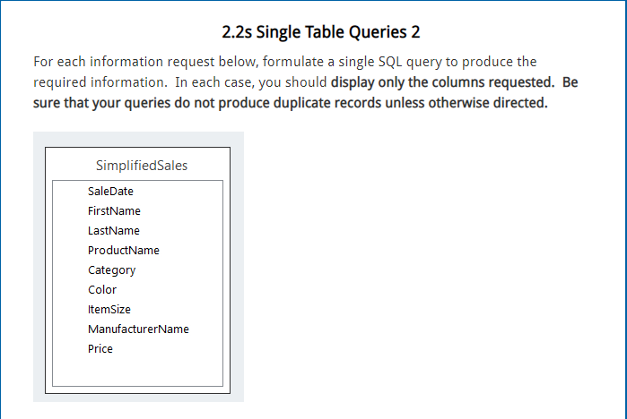 2.2s Single Table Queries 2
For each information request below, formulate a single SQL query to produce the
required information. In each case, you should display only the columns requested. Be
sure that your queries do not produce duplicate records unless otherwise directed.
SimplifiedSales
SaleDate
FirstName
LastName
ProductName
Category
Color
ItemSize
ManufacturerName
Price
