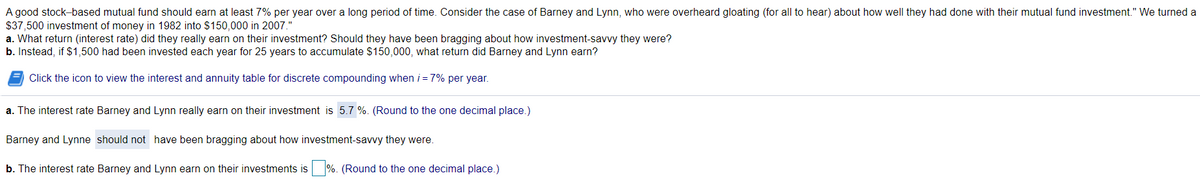 A good stock-based mutual fund should earn at least 7% per year over a long period of time. Consider the case of Barney and Lynn, who were overheard gloating (for all to hear) about how well they had done with their mutual fund investment." We turned a
$37,500 investment of money in 1982 into $150,000 in 2007."
a. What return (interest rate) did they really earn on their investment? Should they have been bragging about how investment-savvy they were?
b. Instead, if $1,500 had been invested each year for 25 years to accumulate $150,000, what return did Barney and Lynn earn?
Click the icon to view the interest and annuity table for discrete compounding when i = 7% per year.
a. The interest rate Barney and Lynn really earn on their investment is 5.7 %. (Round to the one decimal place.)
Barney and Lynne should not have been bragging about how investment-savvy they were.
b. The interest rate Barney and Lynn earn on their investments is %. (Round to the one decimal place.)
