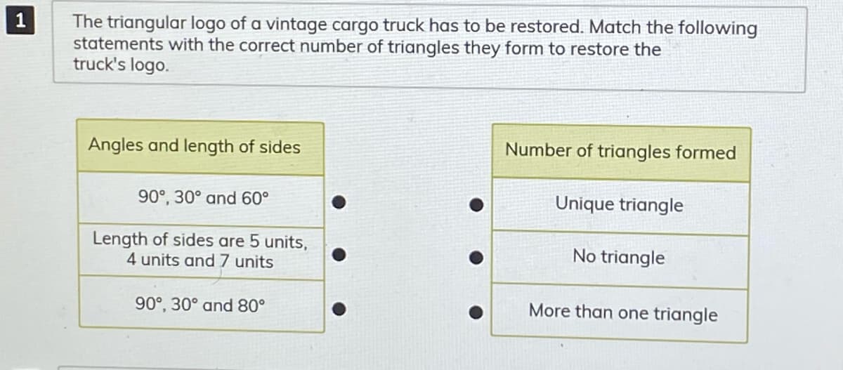 1
The triangular logo of a vintage cargo truck has to be restored. Match the following
statements with the correct number of triangles they form to restore the
truck's logo.
Angles and length of sides
Number of triangles formed
90°, 30° and 60°
Unique triangle
Length of sides are 5 units,
4 units and 7 units
No triangle
90°, 30° and 80°
More than one triangle
