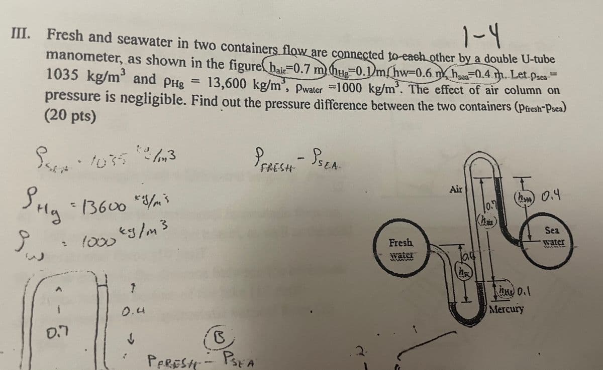 1-4
III. Fresh and seawater in two containers flow are connected to each other by a double U-tube
manometer, as shown in the figure hair-0.7 m hug-0.1m/hw-0.6 m hes-0.4.m. Let Psea =
1035 kg/m³ and PHg = 13,600 kg/m³, Pwater -1000 kg/m³. The effect of air column on
pressure is negligible. Find out the pressure difference between the two containers (Piresh-Psea)
(20 pts)
PREECH - PSEA
Sex · 1035 *2/m3
Sa
S
ну
Su
1
0.7
=13600 *y/m²5
1000 €9/m3
I
↑
0.4
✓
✓
PERESH
C
PSEA
Fresh
Water
Air
10.0
NE
10.7
(1₂) 0.4
Line 0.1
Mercury
Sea
water
4432