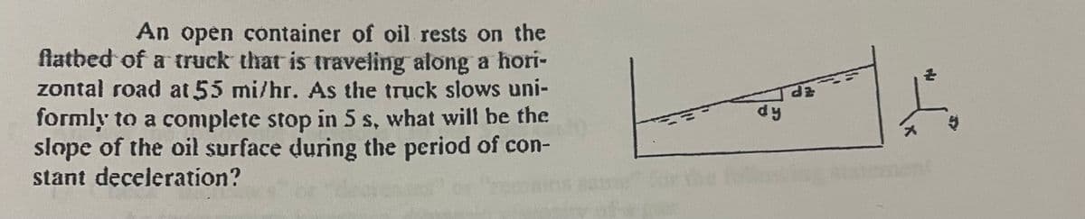 An open container of oil rests on the
flatbed of a truck that is traveling along a hori-
zontal road at 55 mi/hr. As the truck slows uni-
formly to a complete stop in 5 s, what will be the
slope of the oil surface during the period of con-
stant deceleration?
dy
dz
JA