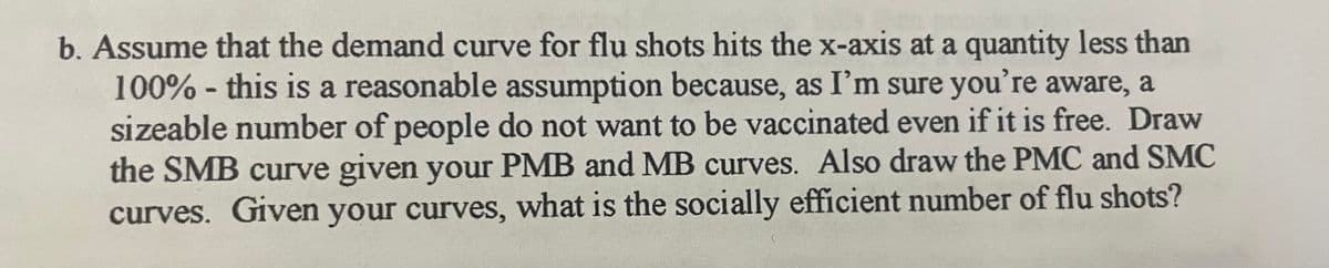 b. Assume that the demand curve for flu shots hits the x-axis at a quantity less than
100% - this is a reasonable assumption because, as I'm sure you're aware, a
sizeable number of people do not want to be vaccinated even if it is free. Draw
the SMB curve given your PMB and MB curves. Also draw the PMC and SMC
curves. Given your curves, what is the socially efficient number of flu shots?