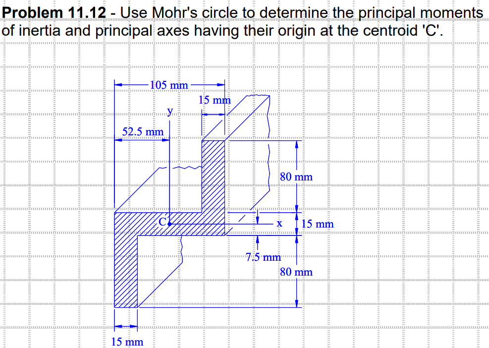 Problem 11.12 - Use Mohr's circle to determine the principal moments
of inertia and principal axes having their origin at the centroid 'C'.
105 mm
52.5 mm
15 mm
mmmp
15 mm
80 mm
X
7.5 mm
15 mm
80 mm