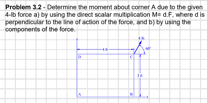 Problem 3.2 - Determine the moment about corner A due to the given
4-lb force a) by using the direct scalar multiplication M= d.F, where d is
perpendicular to the line of action of the force, and b) by using the
ம்
components of the force.
O
A
U
B
+
D
3 ft
60°
X
Emmmmmmmm