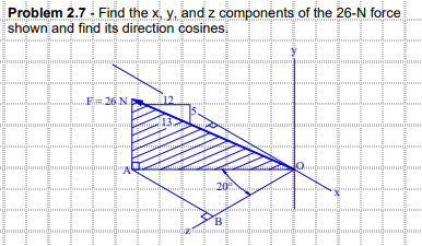 Problem 2.7 - Find the x, y, and z components of the 26-N force
shown and find its direction cosines.
5m: 26 N.
மாட்ராயேயgamg
N
I
m
umcl