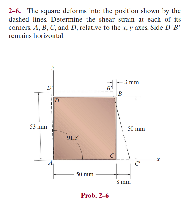 2-6. The square deforms into the position shown by the
dashed lines. Determine the shear strain at each of its
corners, A, B, C, and D, relative to the x, y axes. Side D'B'
remains horizontal.
y
D'
53 mm
A₁
D
91.5°
50 mm
B'
Prob. 2-6
C
B
3 mm
50 mm
8 mm
C'
X