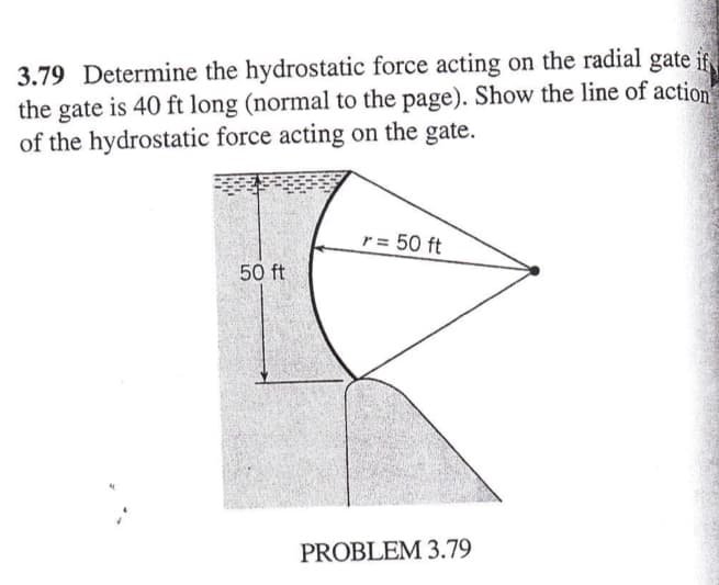 3.79 Determine the hydrostatic force acting on the radial gate if
the gate is 40 ft long (normal to the page). Show the line of action"
of the hydrostatic force acting on the gate.
50 ft
r = 50 ft
PROBLEM 3.79