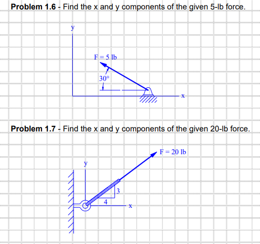 Problem 1.6 - Find the x and y components of the given 5-lb force.
Y
=5 lb.
30°
Problem 1.7 - Find the x and y components of the given 20-lb force.
mmỹm
4
نیا
pmmmm
F = 20 lb