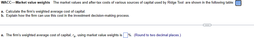 WACC-Market value weights The market values and after-tax costs of various sources of capital used by Ridge Tool are shown in the following table:
a. Calculate the firm's weighted average cost of capital.
b. Explain how the firm can use this cost in the investment decision-making process.
a. The firm's weighted average cost of capital, a, using market value weights is %. (Round to two decimal places.)
C