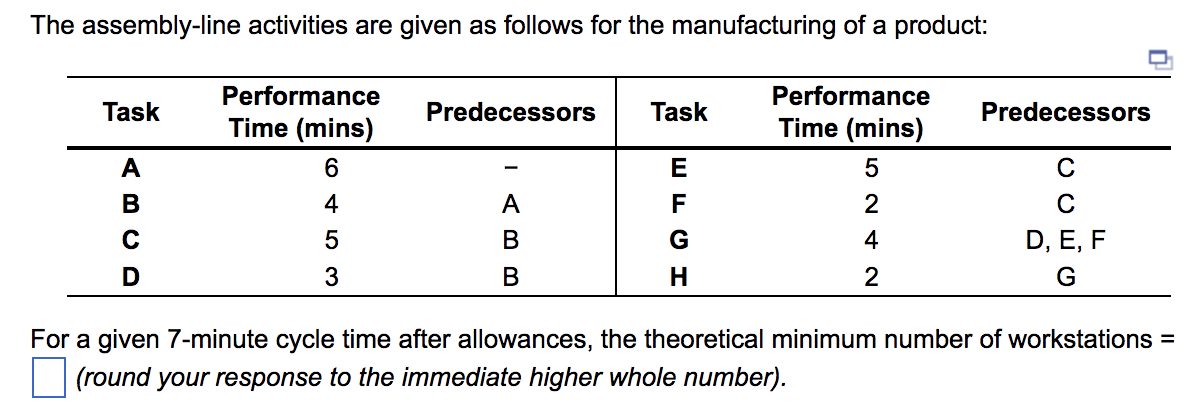 ### Assembly-Line Activities for Product Manufacturing

The table below outlines the tasks involved in the manufacturing of a product, including the performance time for each task and its predecessors.

#### Task Information

| Task | Performance Time (mins) | Predecessors |
|------|--------------------------|--------------|
| **A**  | 6                        | –            |
| **B**  | 4                        | A            |
| **C**  | 5                        | B            |
| **D**  | 3                        | B            |
| **E**  | 5                        | C            |
| **F**  | 2                        | C            |
| **G**  | 4                        | D, E, F      |
| **H**  | 2                        | G            |

#### Theoretical Minimum Number of Workstations

Given a 7-minute cycle time after allowances, the theoretical minimum number of workstations can be calculated. (Round your response to the nearest higher whole number.)

___

**Note:** To determine the theoretical minimum number of workstations, you would typically sum up all the performance times and then divide by the cycle time. The resulting number needs to be rounded up to the next whole number.

For example:
1. Sum of performance times = 6 + 4 + 5 + 3 + 5 + 2 + 4 + 2 = 31 minutes
2. Cycle time = 7 minutes
3. Theoretical minimum number of workstations = \( \lceil \frac{31}{7} \rceil = \lceil 4.43 \rceil = 5 \)

So, the theoretical minimum number of workstations for this product is 5.