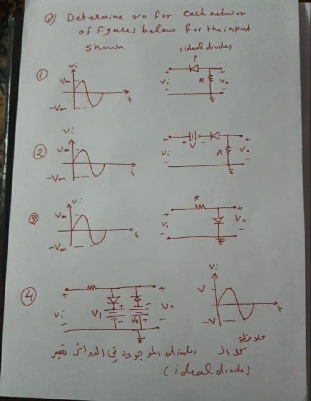 Q Detelmine yo for Cach nebwor
of fyules below for the input
shown
rideal diucdes
to.
RE
-Vm
vi
(2) um
--Vm
Va
-Vm
v:
vi
VI
1
رالن لى الحو جوة في الروا بس
(ideal diede)
