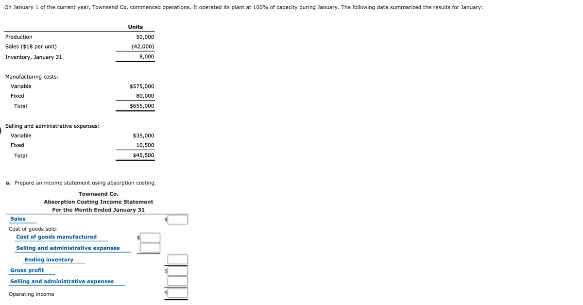 On January 1 of the current year, Townsend Co. commenced operations. It operated its plant at 100% of capacity during January. The following data summarized the results for January:
Units
Production
50,000
Sales ($18 per unit)
(42,000)
Inventory, January 31
8,000
Manufacturing costs:
Variable
$575,000
Fixed
80,000
Total
$655,000
Selling and administrative expenses:
Variable
$35,000
Fixed
10,500
Total
$45,500
a. Prepare an income statement using absorption costing.
Townsend Co.
Absorption Costing Income Statement
For the Month Ended January 31
Sales
Cost of goods sold:
Cost of goods manufactured
Selling and administrative expenses
Ending inventory
Gross profit
2$
Selling and administrative expenses
Operating income
