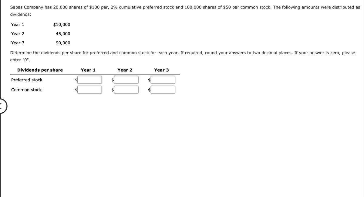 Sabas Company has 20,000 shares of $100 par, 2% cumulative preferred stock and 100,000 shares of $50 par common stock. The following amounts were distributed as
dividends:
Year 1
$10,000
Year 2
45,000
Year 3
90,000
Determine the dividends per share for preferred and common stock for each year. If required, round your answers to two decimal places. If your answer is zero, please
enter "0".
Dividends per share
Year 1
Year 2
Year 3
Preferred stock
$
Common stock
$
