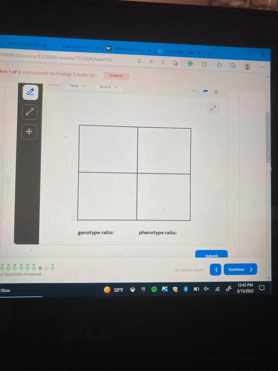 Edio | Course Sto x
Edio | Course Stu
V What is Self Cont x
Q enimenim - Sea
1089950/lessons/1533886/variants/1533886/take/10/
A
lert 1 of 1: Instructional Technology Subsidy Up..
DISMISS
PENCIL
THIN V
BLACK V
genotype ratio:
phenotype ratio:
Submit
All Changes Saved
Continue >
al Questions Answered
12:45 PM
58°F
底
Xbox
3/15/2022
