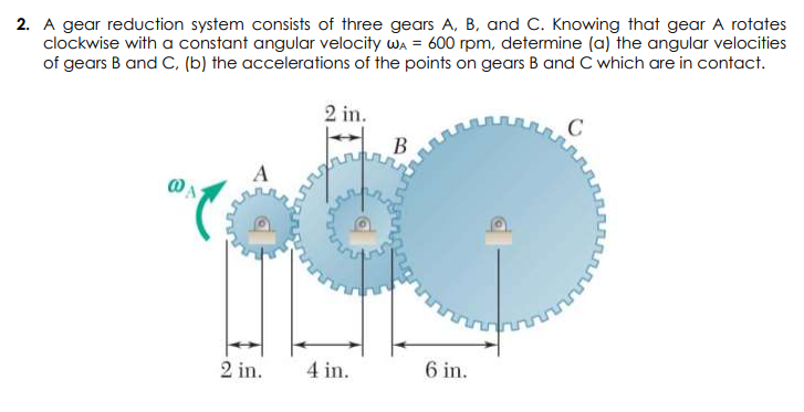 2. A gear reduction system consists of three gears A, B, and C. Knowing that gear A rotates
clockwise with a constant angular velocity wa = 600 rpm, determine (a) the angular velocities
of gears B and C, (b) the accelerations of the points on gears B and C which are in contact.
2 in.
B
A
2 in.
4 in.
6 in.
