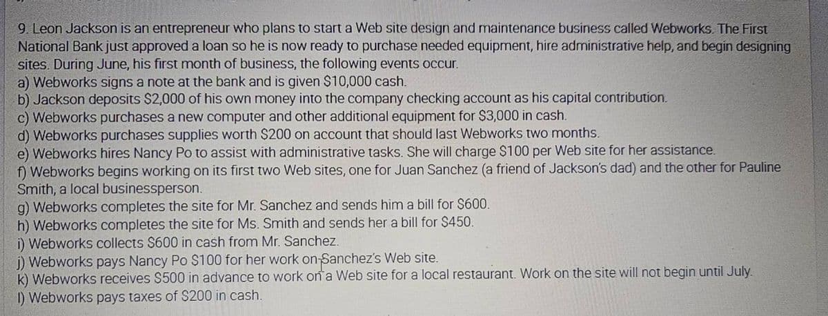 9. Leon Jackson is an entrepreneur who plans to start a Web site design and maintenance business called Webworks. The First
National Bank just approved a loan so he is now ready to purchase needed equipment, hire administrative help, and begin designing
sites. During June, his first month of business, the following events occur.
a) Webworks signs a note at the bank and is given $10,000 cash.
b) Jackson deposits $2,000 of his own money into the company checking account as his capital contribution.
c) Webworks purchases a new computer and other additional equipment for $3,000 in cash.
d) Webworks purchases supplies worth $200 on account that should last Webworks two months.
e) Webworks hires Nancy Po to assist with administrative tasks. She will charge $100 per Web site for her assistance.
f) Webworks begins working on its first two Web sites, one for Juan Sanchez (a friend of Jackson's dad) and the other for Pauline
Smith, a local businessperson.
g) Webworks completes the site for Mr. Sanchez and sends him a bill for $600.
h) Webworks completes the site for Ms. Smith and sends her a bill for $450.
i) Webworks collects $600 in cash from Mr. Sanchez.
j) Webworks pays Nancy Po $100 for her work on-Sanchez's Web site.
k) Webworks receives $500 in advance to work on a Web site for a local restaurant. Work on the site will not begin until July.
1) Webworks pays taxes of $200 in cash.