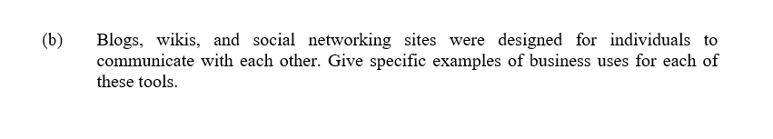 (b)
Blogs, wikis, and social networking sites were designed for individuals to
communicate with each other. Give specific examples of business uses for each of
these tools.
