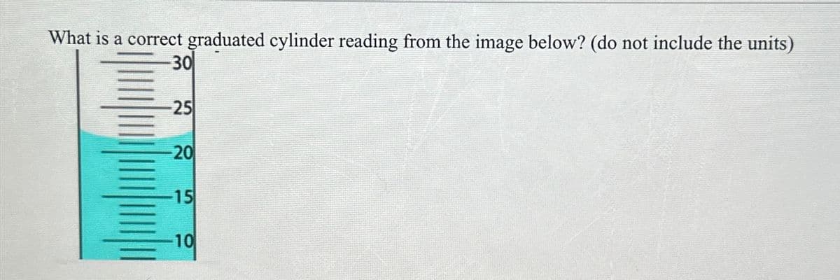 What is a correct graduated cylinder reading from the image below? (do not include the units)
-30
트
25
20
-15
-10