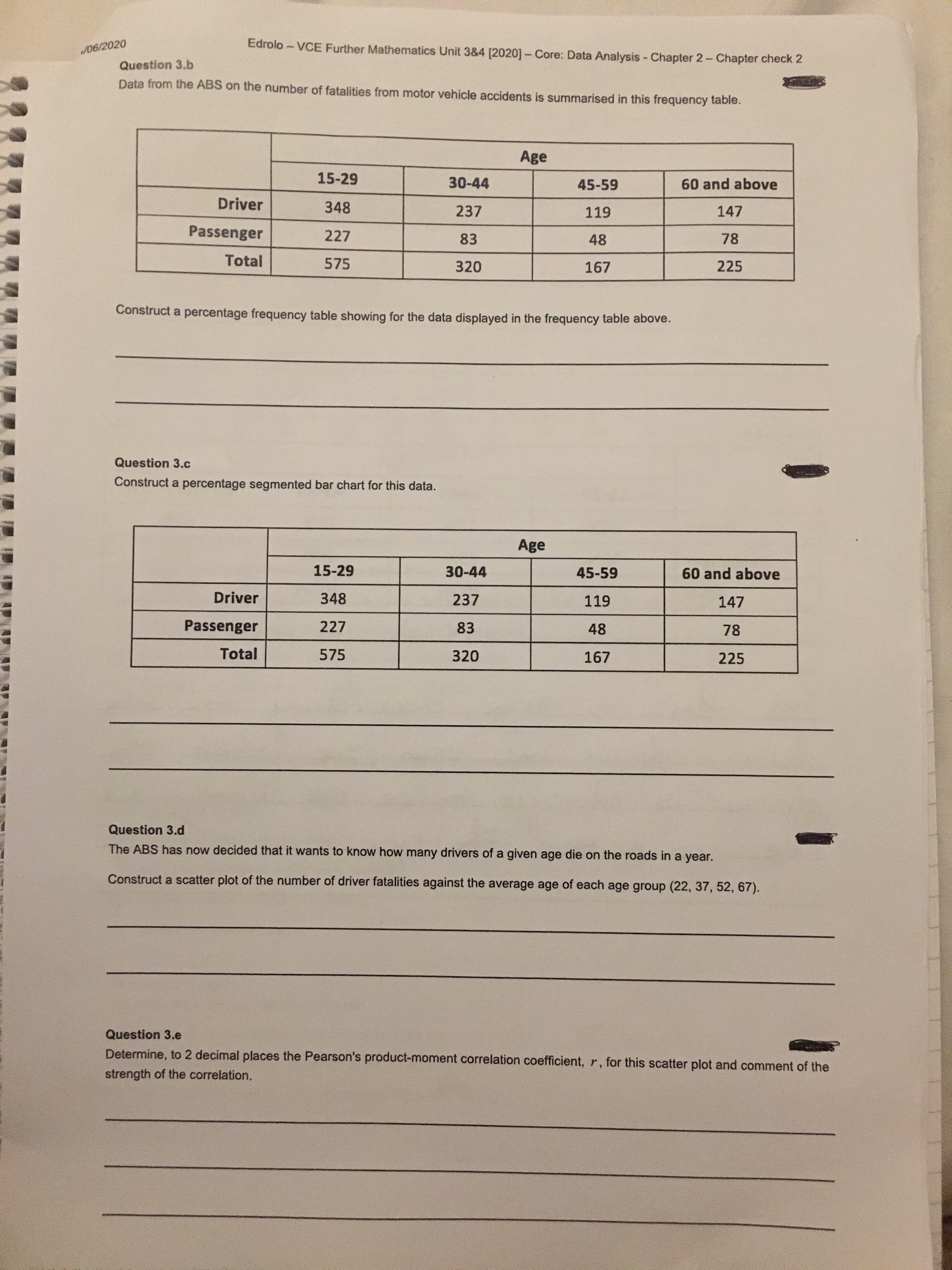 is summarised in this frequency table.
Age
15-29
30-44
45-59
60 and above
Driver
348
237
119
147
Passenger
227
83
48
78
Total
575
320
167
225
