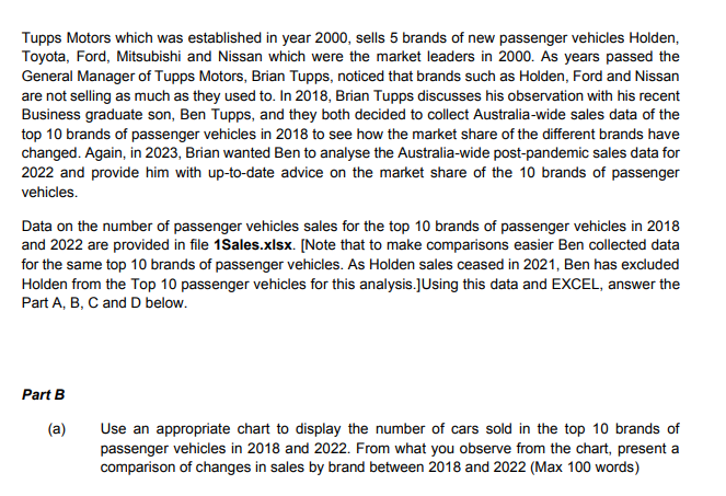Tupps Motors which was established in year 2000, sells 5 brands of new passenger vehicles Holden,
Toyota, Ford, Mitsubishi and Nissan which were the market leaders in 2000. As years passed the
General Manager of Tupps Motors, Brian Tupps, noticed that brands such as Holden, Ford and Nissan
are not selling as much as they used to. In 2018, Brian Tupps discusses his observation with his recent
Business graduate son, Ben Tupps, and they both decided to collect Australia-wide sales data of the
top 10 brands of passenger vehicles in 2018 to see how the market share of the different brands have
changed. Again, in 2023, Brian wanted Ben to analyse the Australia-wide post-pandemic sales data for
2022 and provide him with up-to-date advice on the market share of the 10 brands of passenger
vehicles.
Data on the number of passenger vehicles sales for the top 10 brands of passenger vehicles in 2018
and 2022 are provided in file 1Sales.xlsx. [Note that to make comparisons easier Ben collected data
for the same top 10 brands of passenger vehicles. As Holden sales ceased in 2021, Ben has excluded
Holden from the Top 10 passenger vehicles for this analysis.] Using this data and EXCEL, answer the
Part A, B, C and D below.
Part B
(a)
Use an appropriate chart to display the number of cars sold in the top 10 brands of
passenger vehicles in 2018 and 2022. From what you observe from the chart, present a
comparison of changes in sales by brand between 2018 and 2022 (Max 100 words)